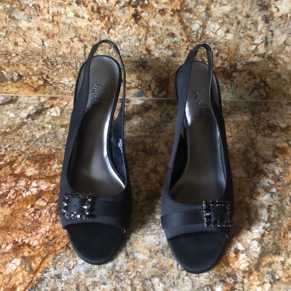 Sam & Libby Black Satin & Rhinestones sandals SZ 9
